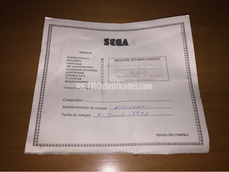 Certificado original garantia Sega Master System II 1
