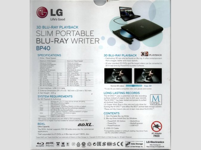 SLIM PORTABLE LG BP40NB30 GRABADOR BLU-RAY PORTATIL  BDXL 