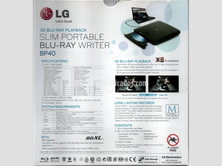 SLIM PORTABLE LG BP40NB30 GRABADOR BLU-RAY PORTATIL  BDXL  1