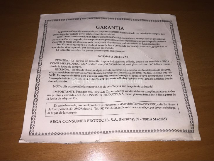 Certificado original garantia Sega Master System II 2